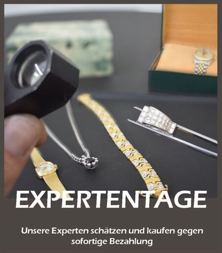 Expertentage Lachmanns' Goldschmiede Eine Anzeige zur Aktion Expertentage - Schätzung der Wertgegenstände. Hintergrundbild zeigt unterschiedlichen Schmuck. Eine Hand hält eine kleine Lupe in der Hand.